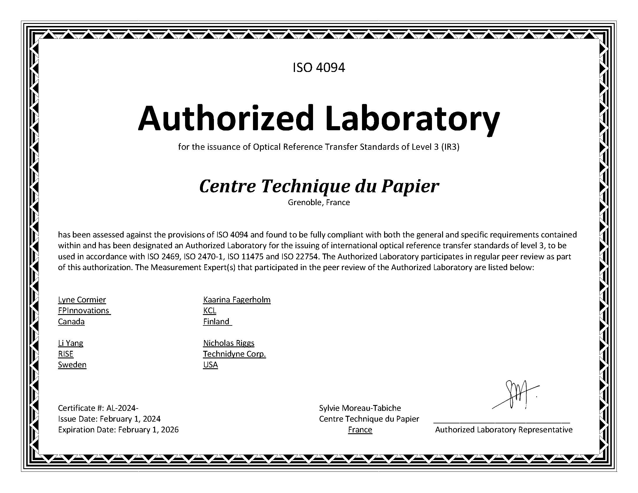 Certificat délivré par l’ISO/TC6